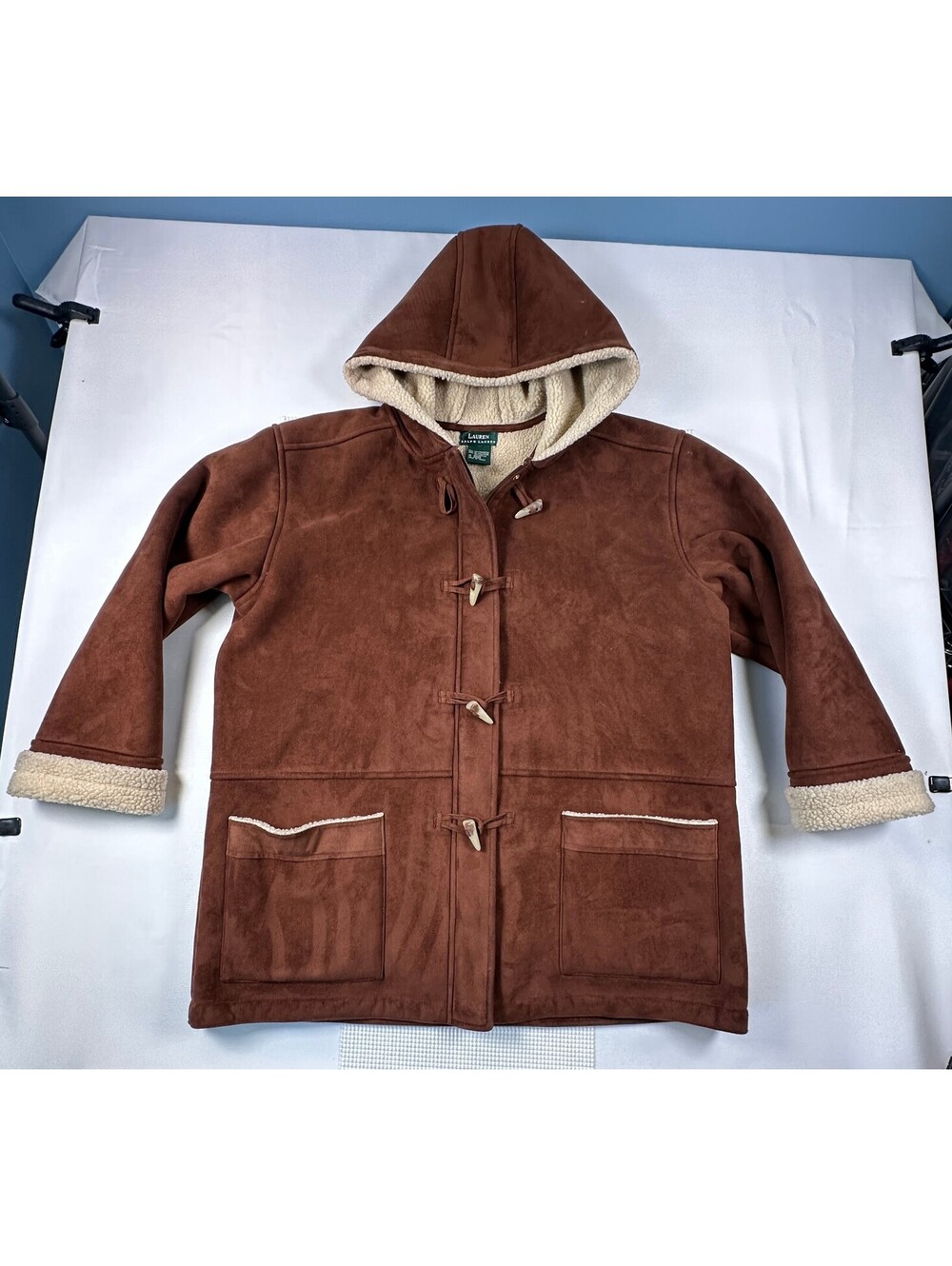 Lauren Ralph Lauren Faux Suede Sherpa Duffle Coat Hooded Toggle Jacket Brown L